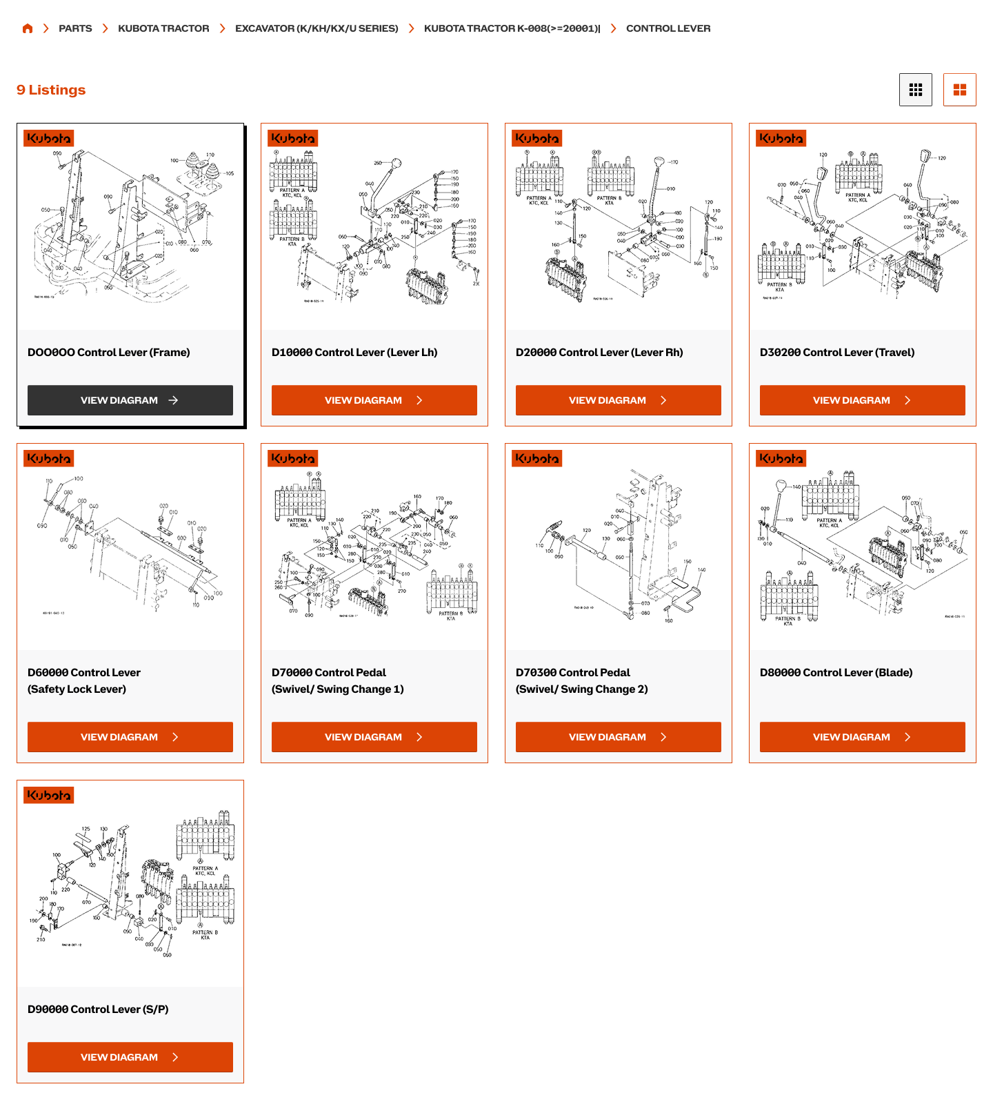 Figma design of a breadcrumbed listing of Kubota control-lever exploded-view diagrams